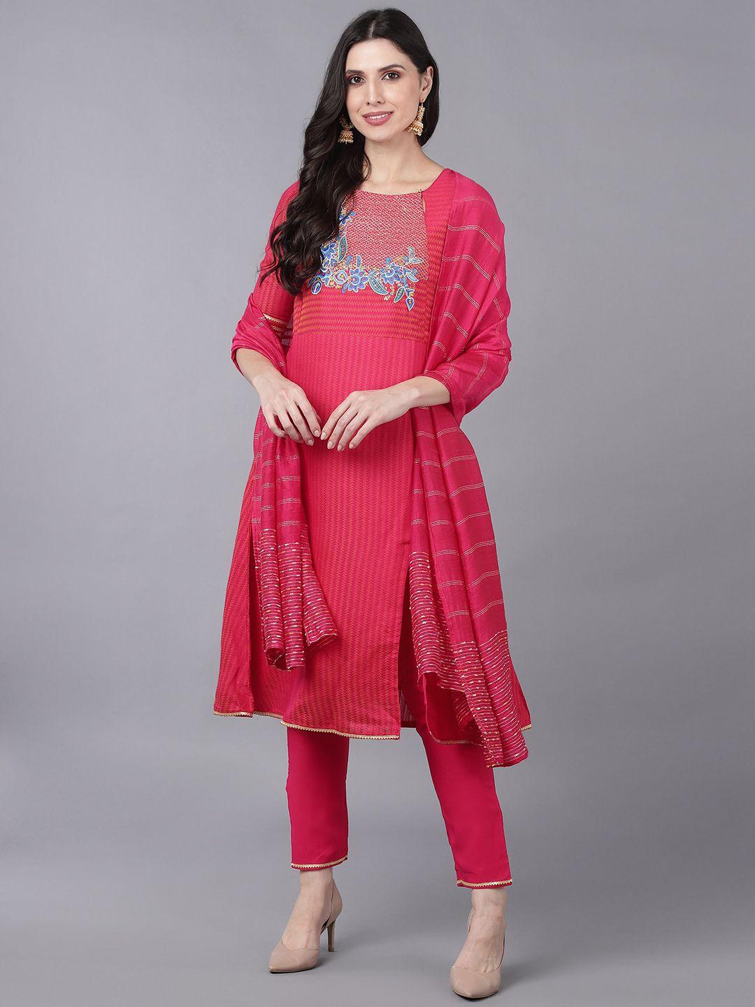 bani women pink floral embroidered chanderi cotton kurta with trousers & with dupatta