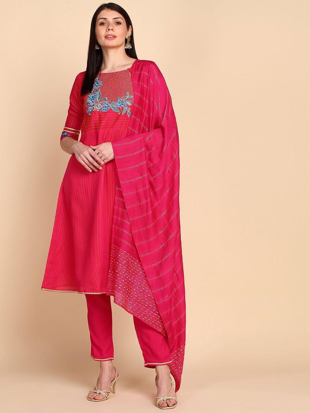 bani women pink floral yoke design chanderi cotton kurta with trousers & with dupatta