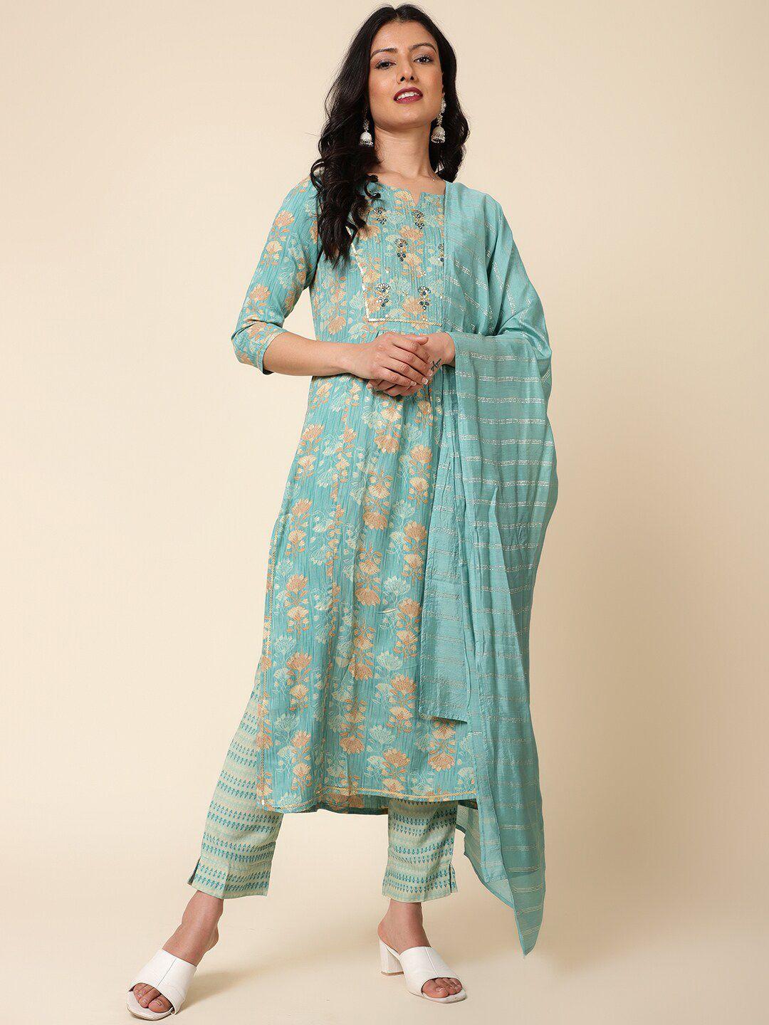 bani women pleated floral printed a-line mirror work kurta with trousers & dupatta