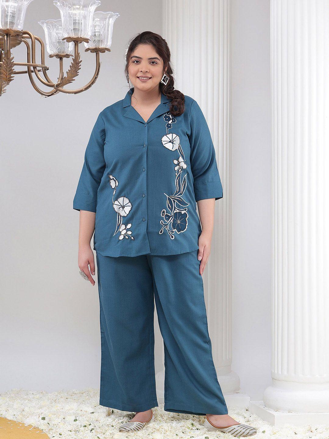 bani women plus size floral embroidered shirt and palazzos