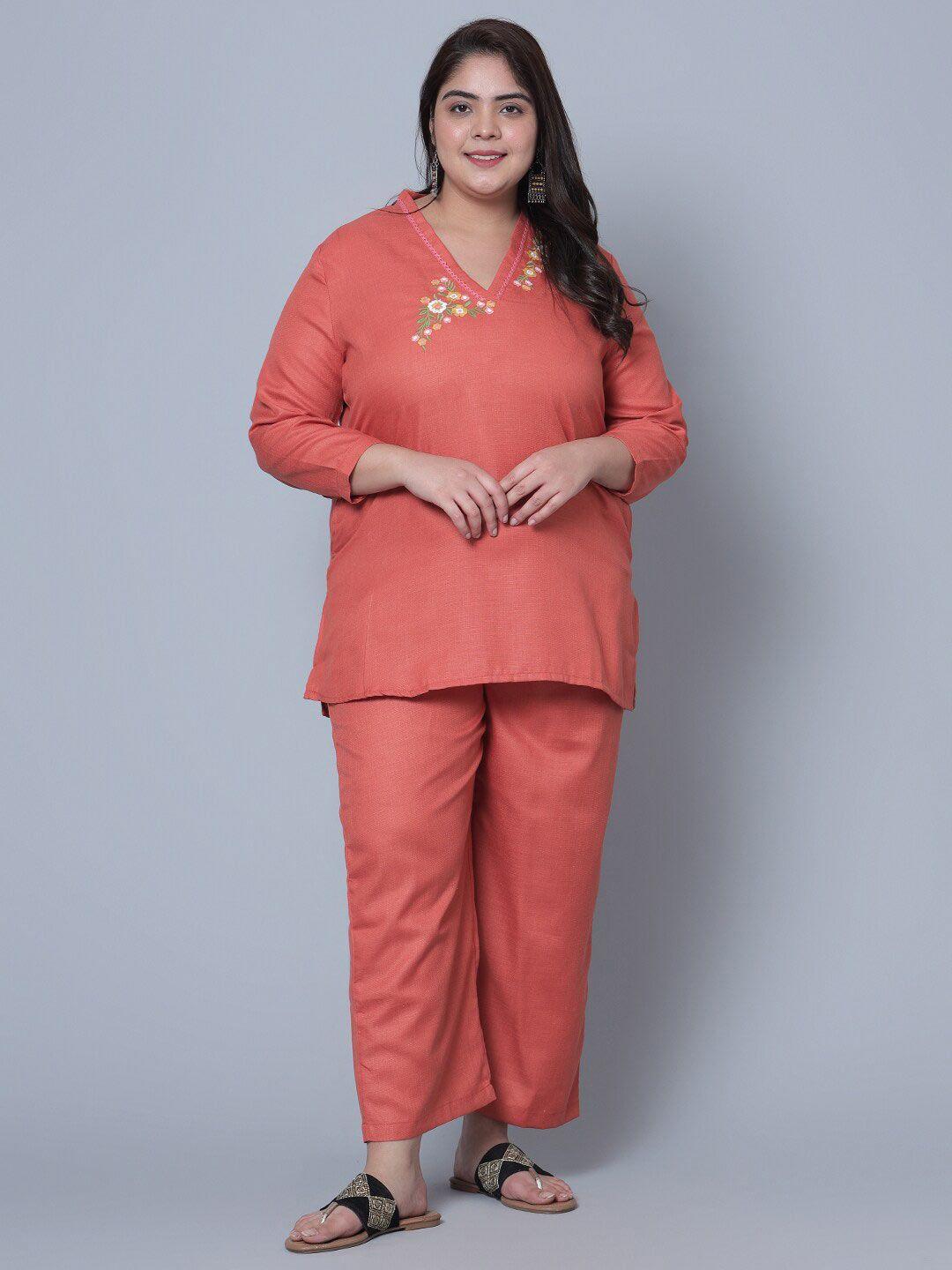 bani women plus size floral embroidered straight kurti with trousers