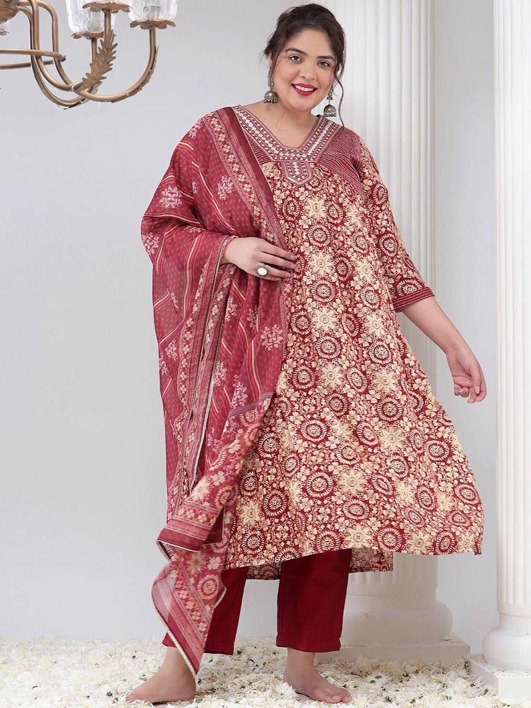 bani women plus size floral printed thread work a-line kurta with trousers & dupatta