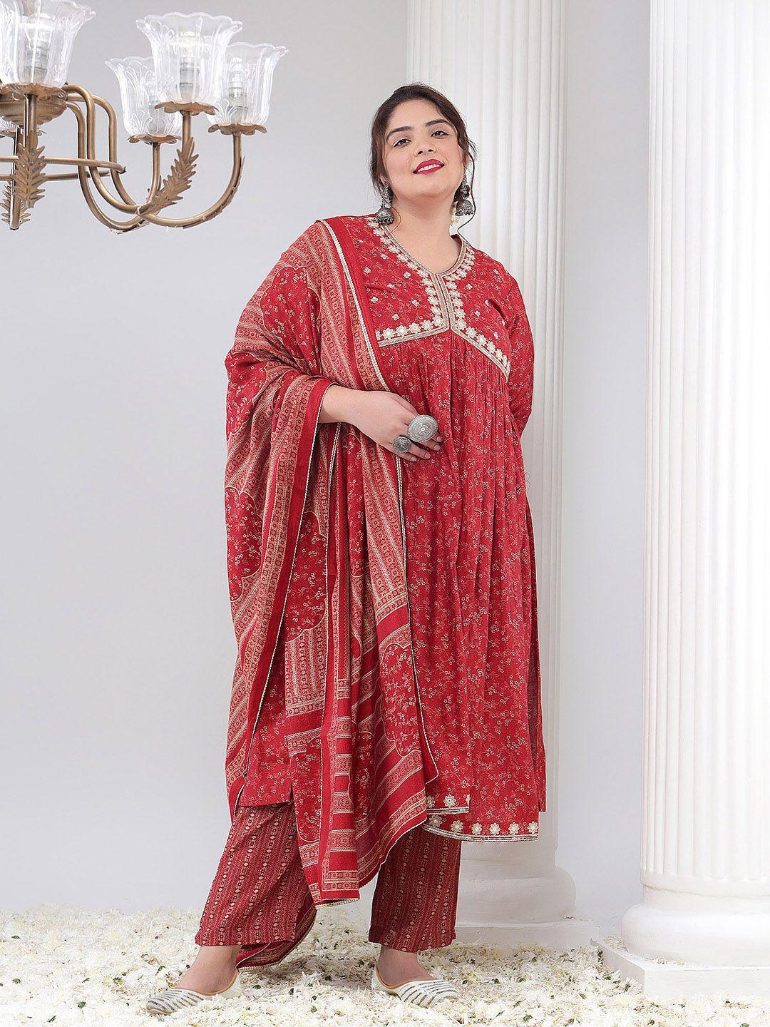 bani women plus size floral printed thread work empire kurta with trousers & dupatta