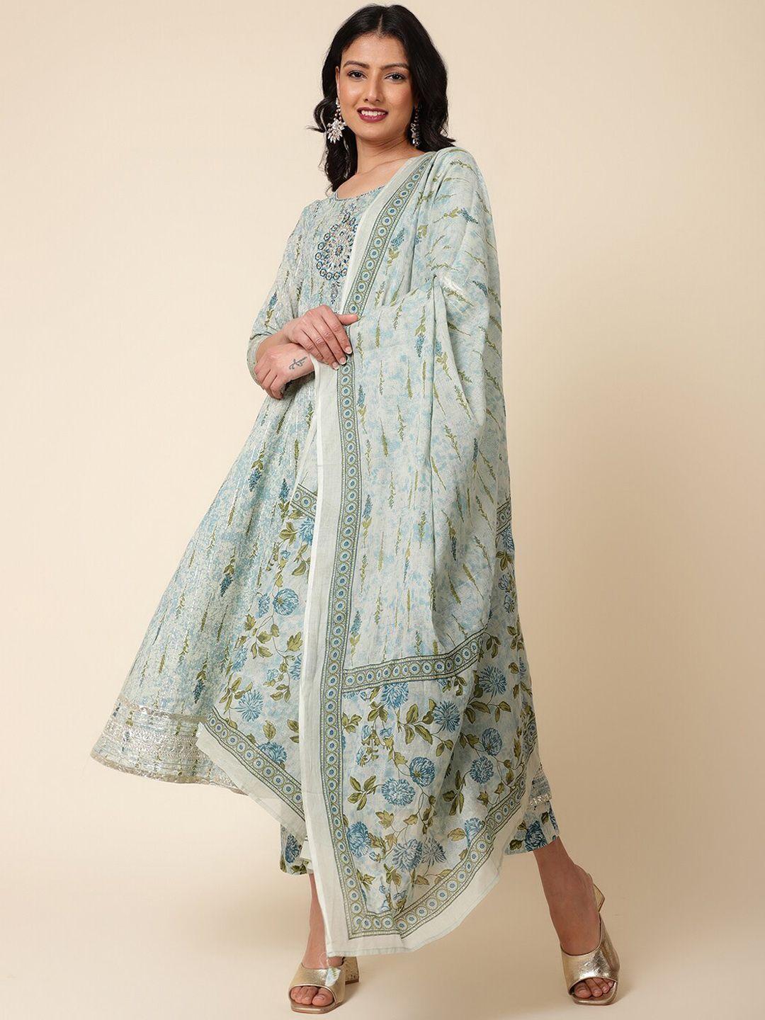 bani women printed thread work pure cotton anarkali kurta with trousers & dupatta