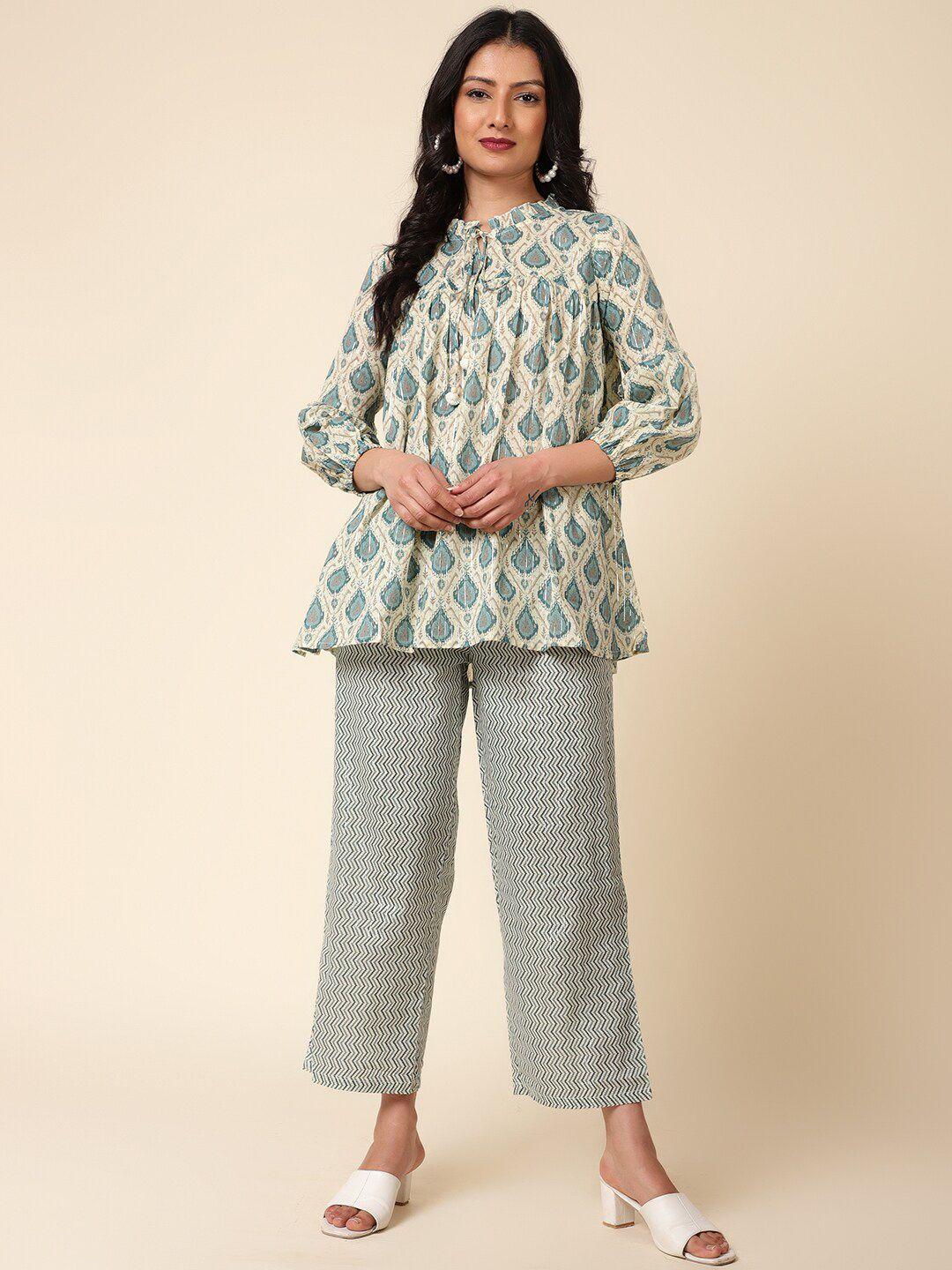 bani women printed tie-ups neck tunic with trousers