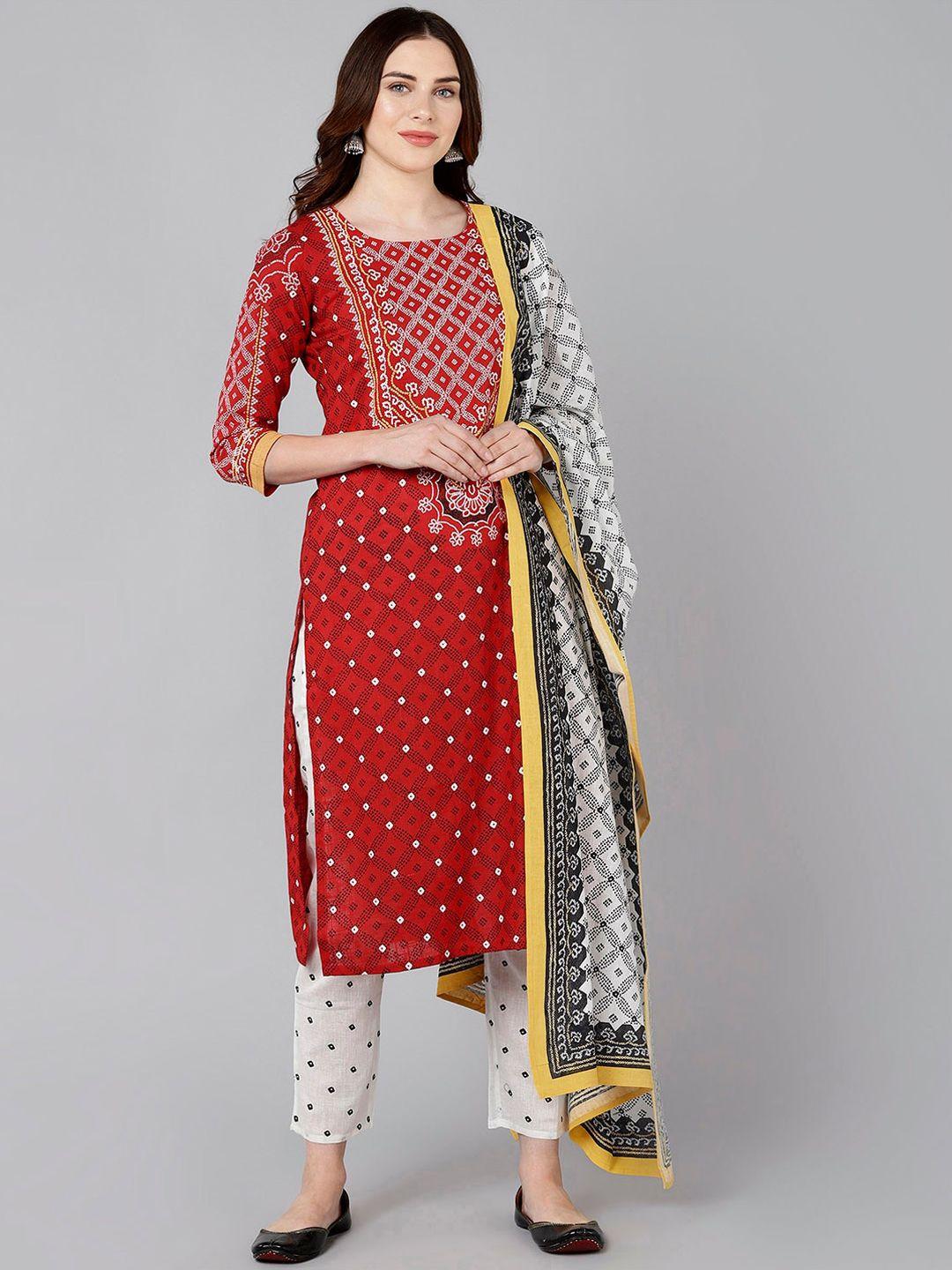 bani women red & white printed liva kurta with trousers & with dupatta