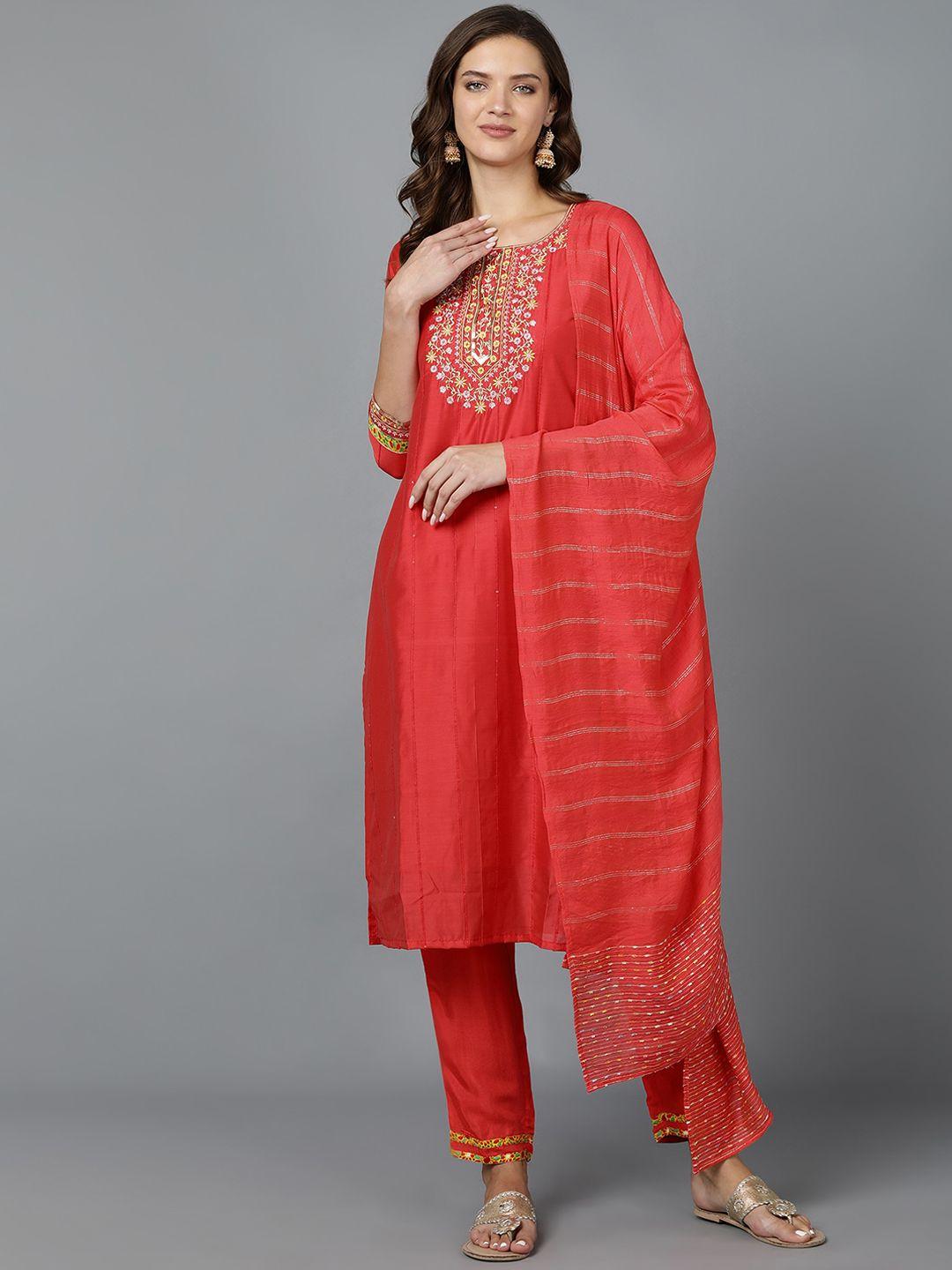 bani women rust ethnic motifs yoke design chanderi silk kurta with trousers & with dupatta