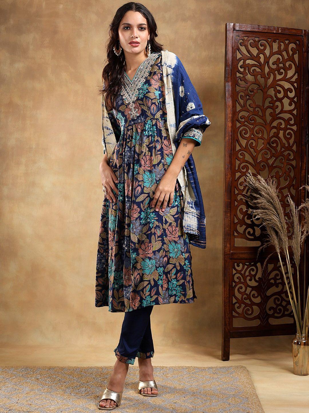 bani women women blue ethnic motifs embroidered pleated kurta with trousers & with dupatta