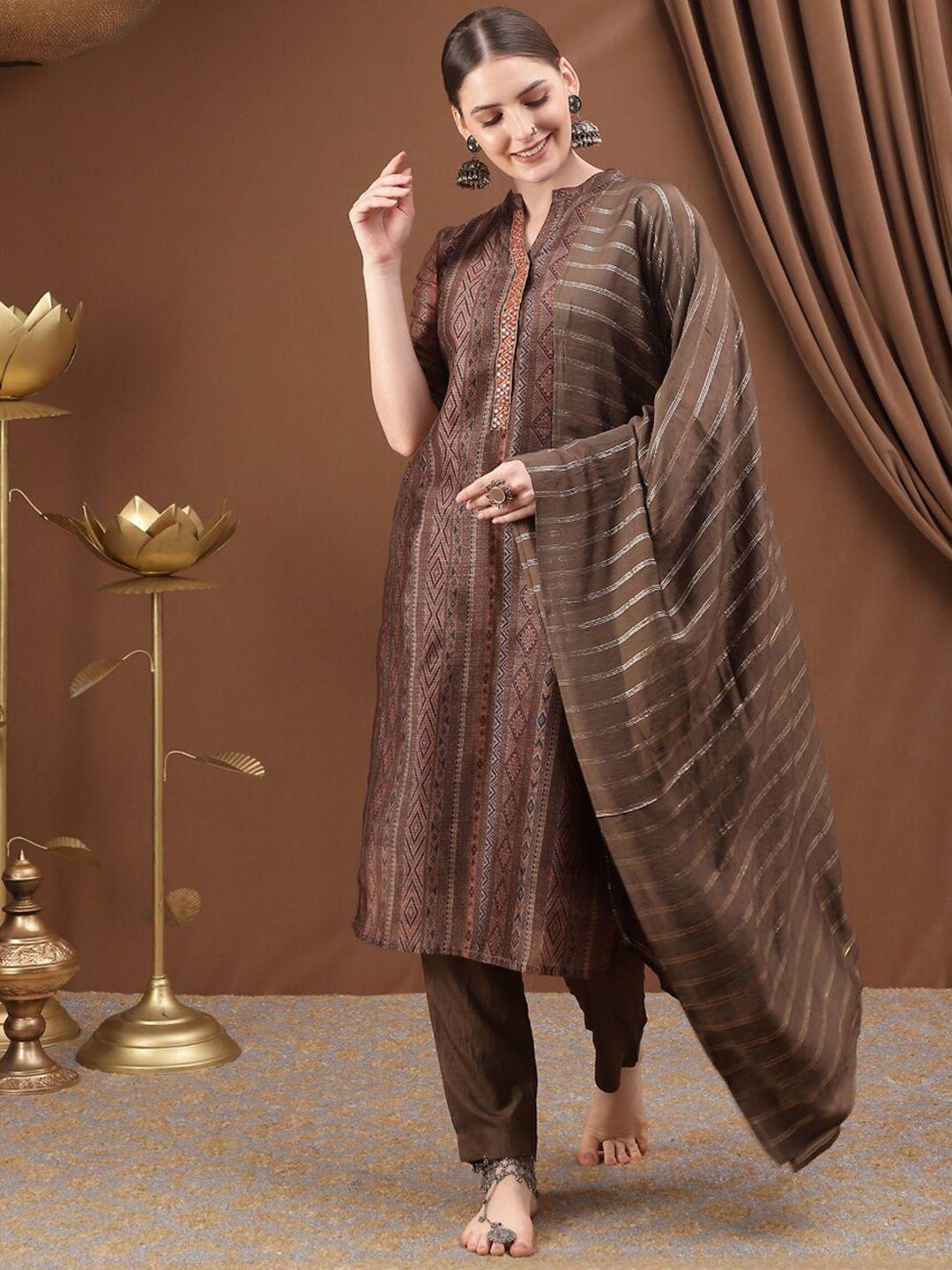 bani women women brown printed chanderi cotton kurta with trousers & with dupatta