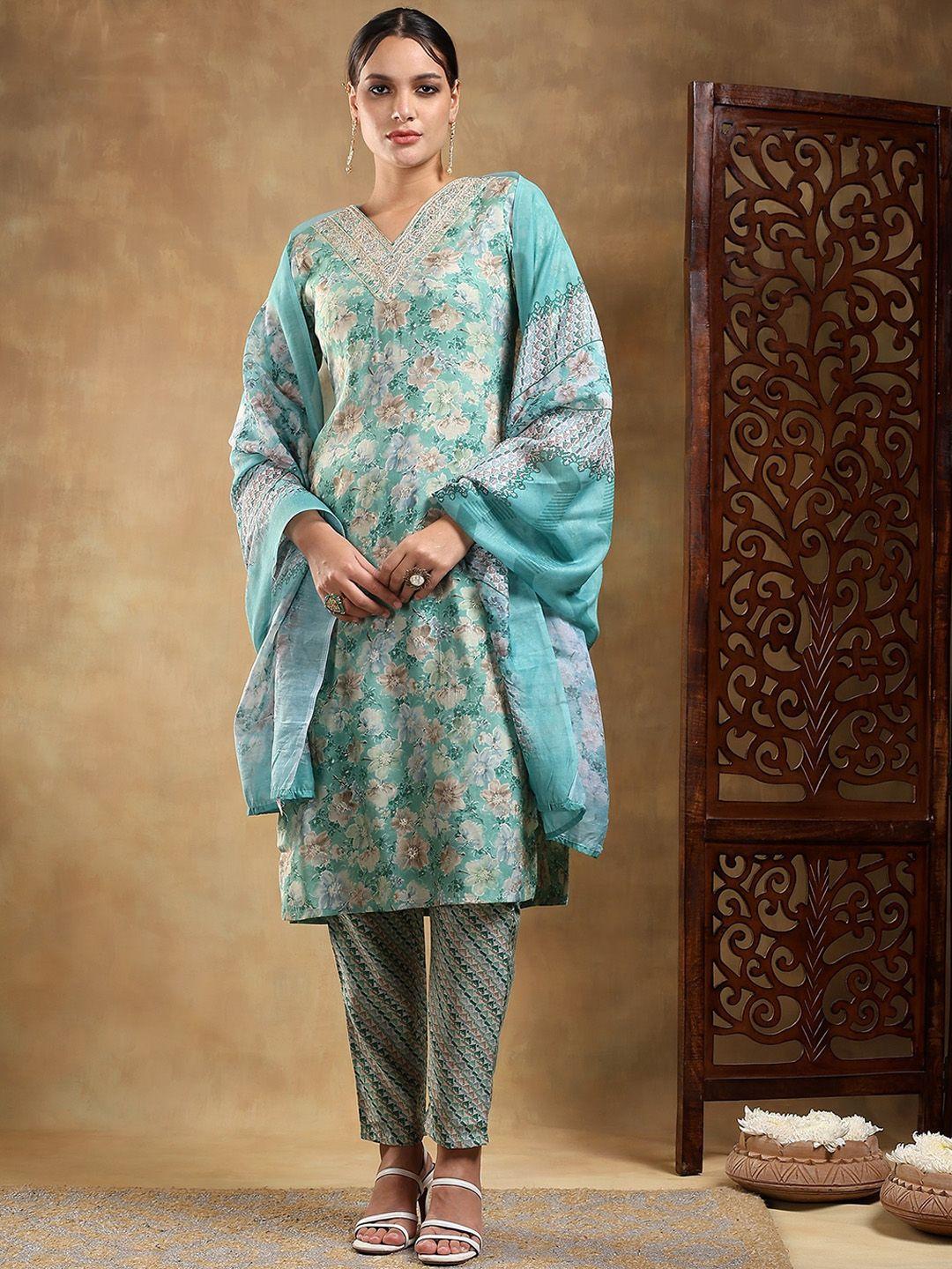 bani women women green ethnic motifs embroidered regular kurta with trousers & with dupatta