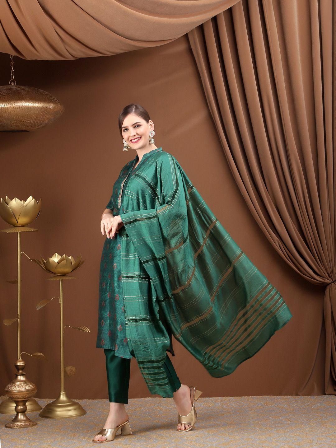 bani women women green floral printed chanderi cotton kurta with trousers & with dupatta