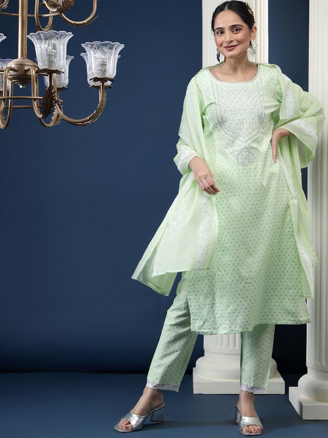 bani women women green printed regular thread work pure cotton kurta with trousers & with dupatta