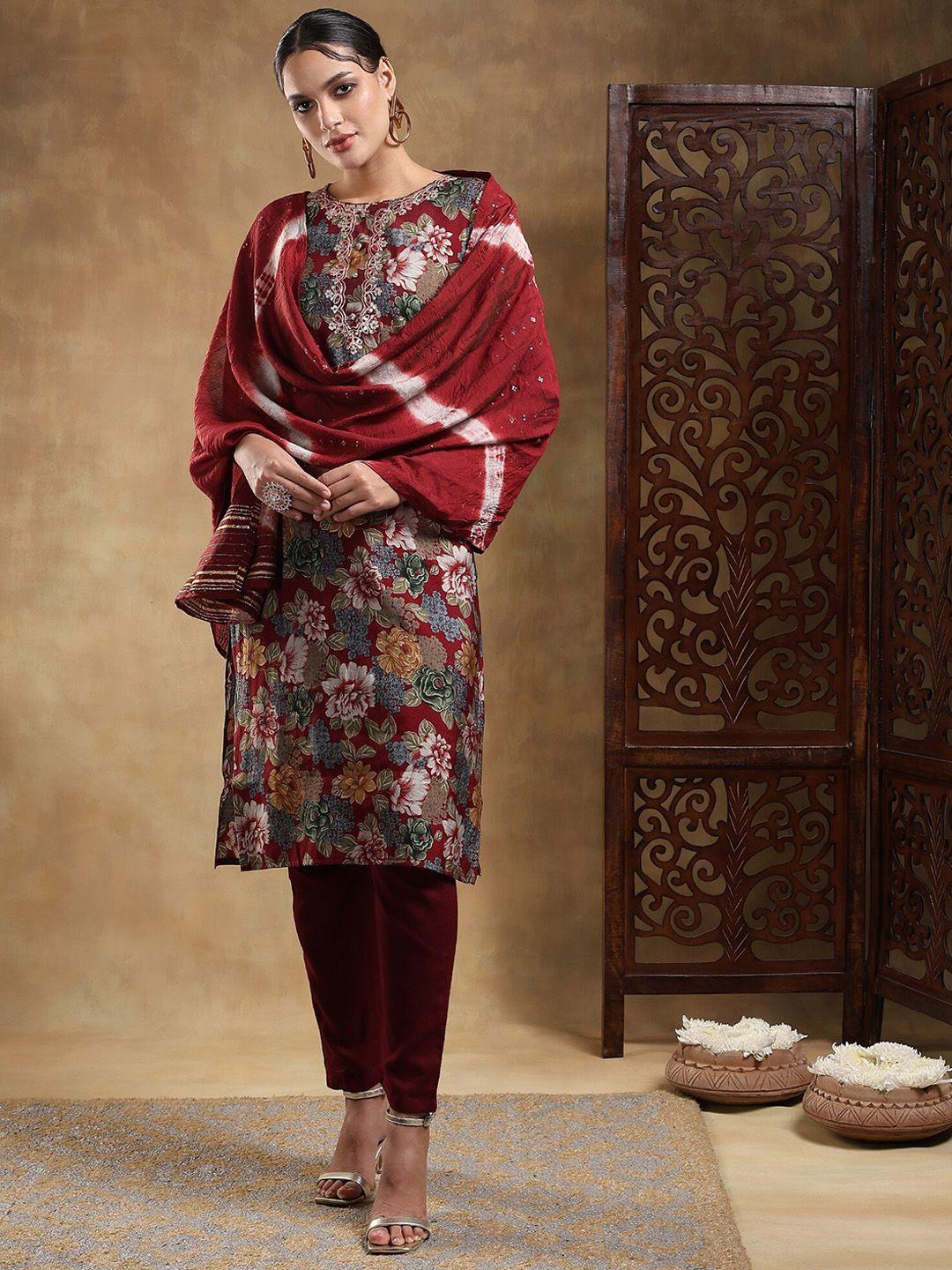bani women women maroon ethnic motifs embroidered regular kurta with trousers & with dupatta