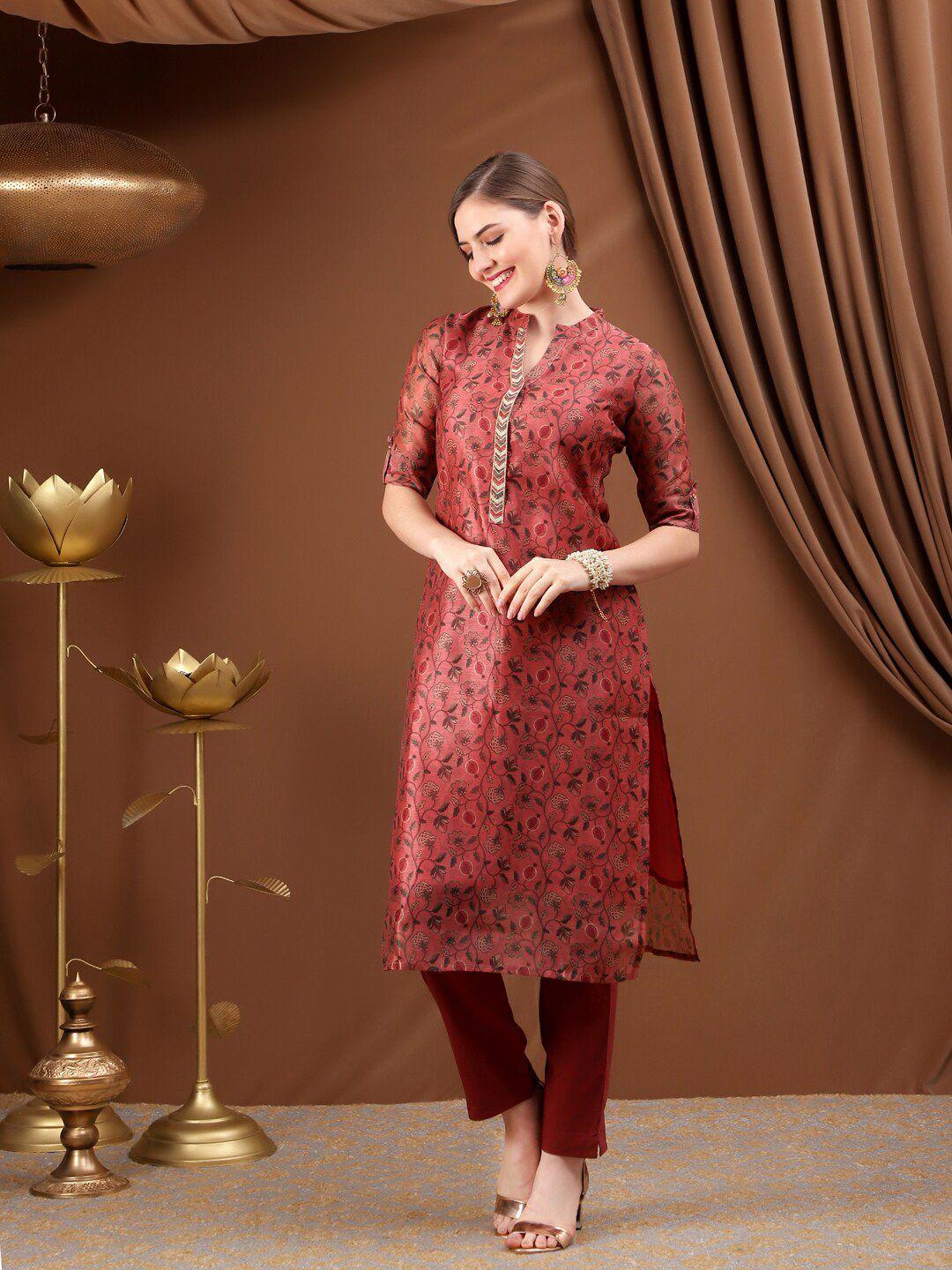 bani women women maroon floral printed chanderi cotton kurta with trousers & with dupatta