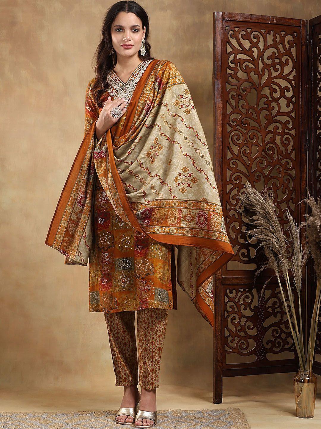 bani women women mustard yellow ethnic motifs embroidered regular kurta with trousers & with dupatta