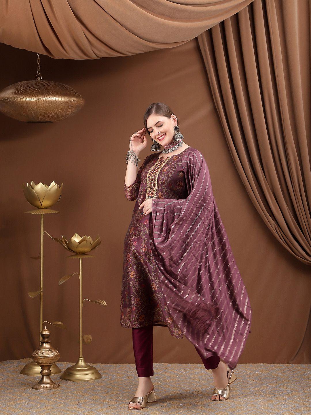 bani women women purple floral printed chanderi cotton kurta with trousers & with dupatta