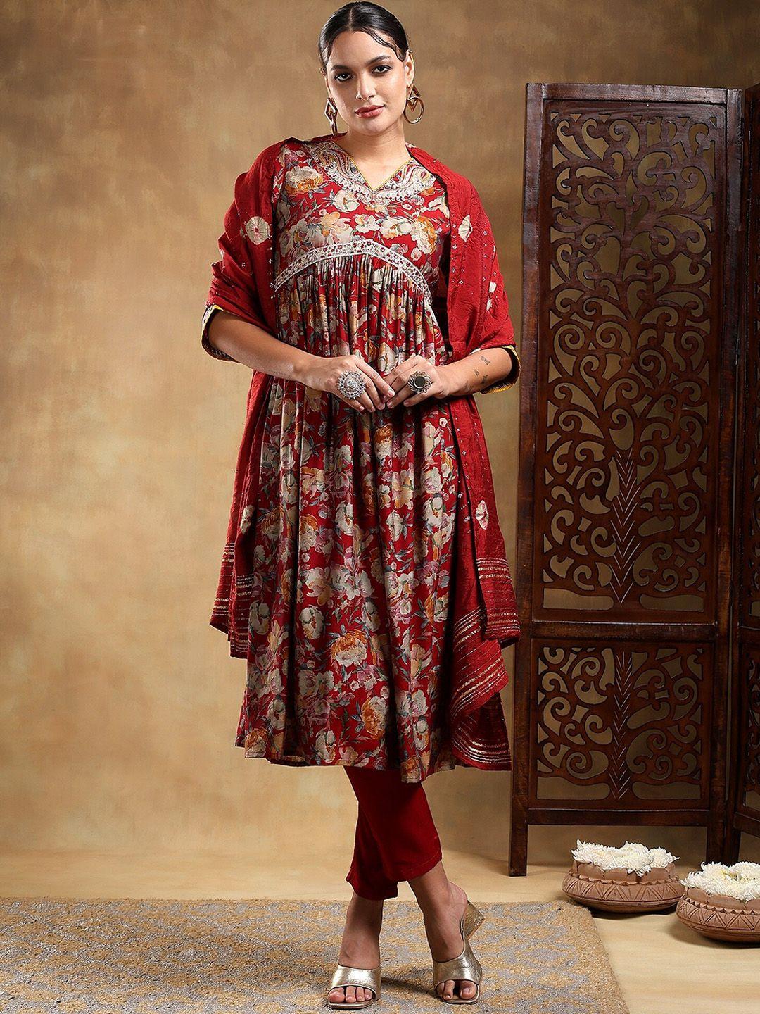 bani women women red ethnic motifs embroidered pleated kurta with trousers & with dupatta
