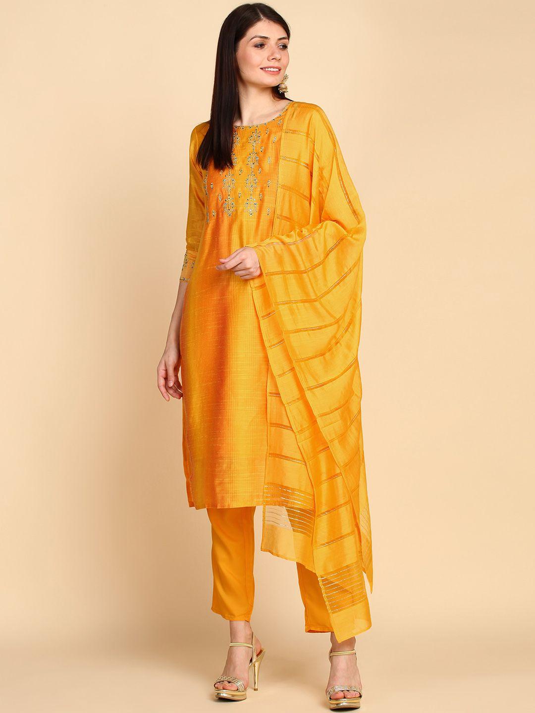bani women yellow floral embroidered chanderi cotton kurta with trousers & with dupatta