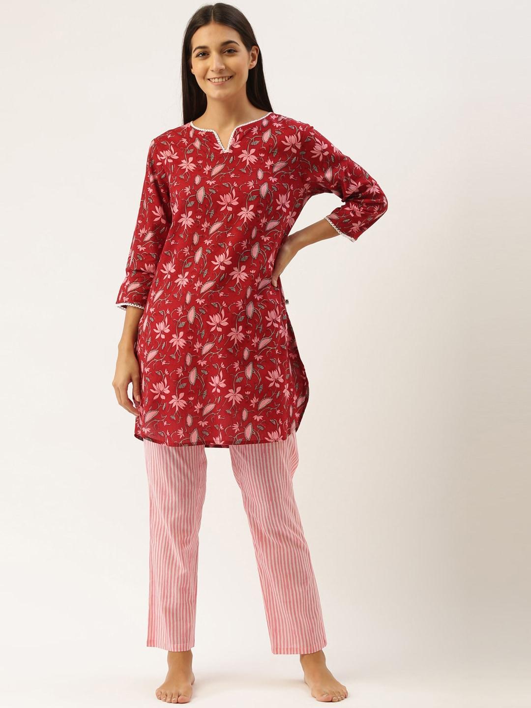 bannos swagger women maroon & pink floral printed cotton night suits
