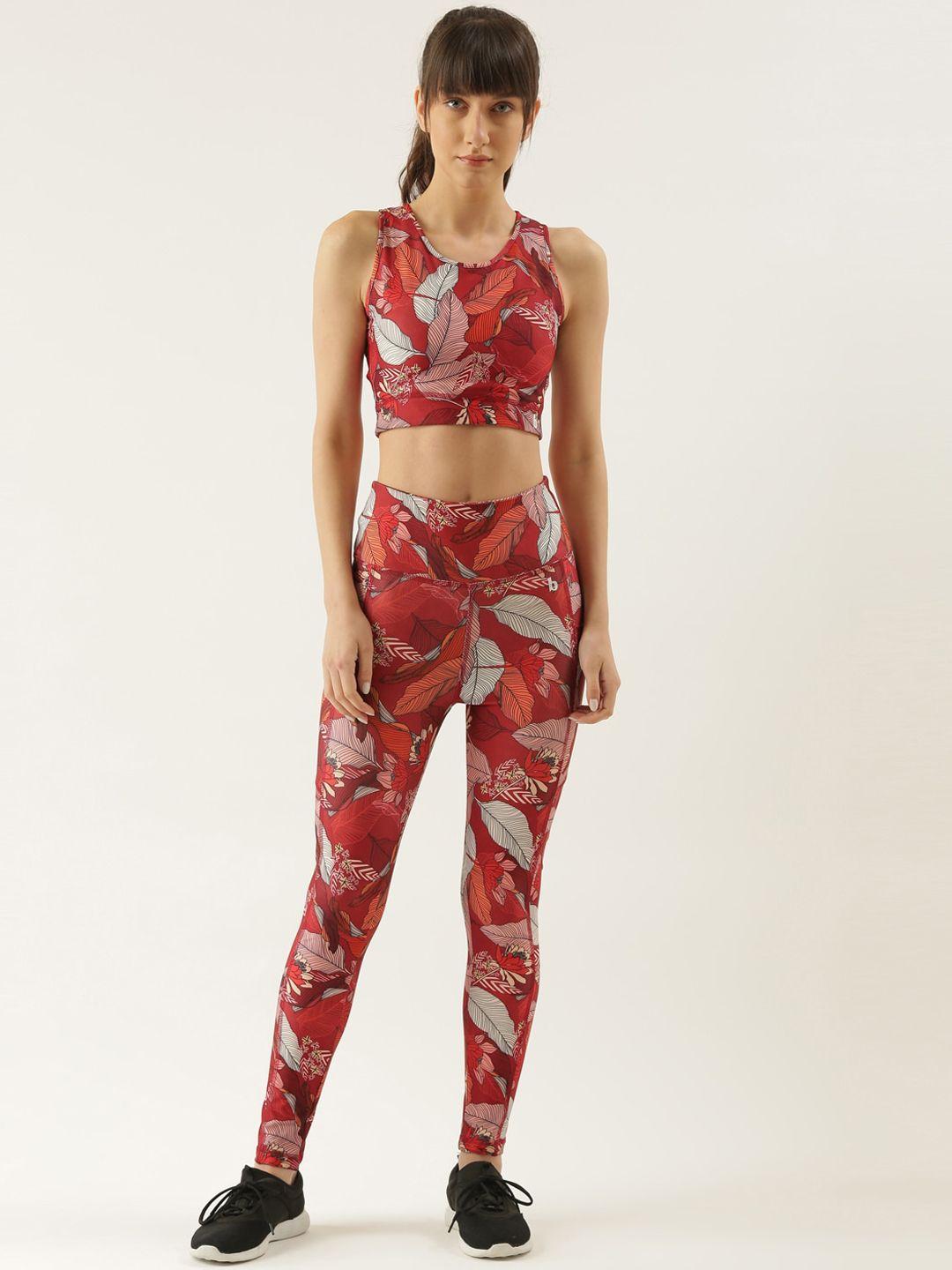 bannos swagger women red & white tropical printed sport bra & tights set
