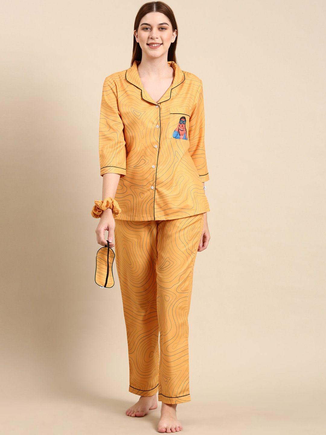 bannos swagger yellow & blue abstract printed night suit