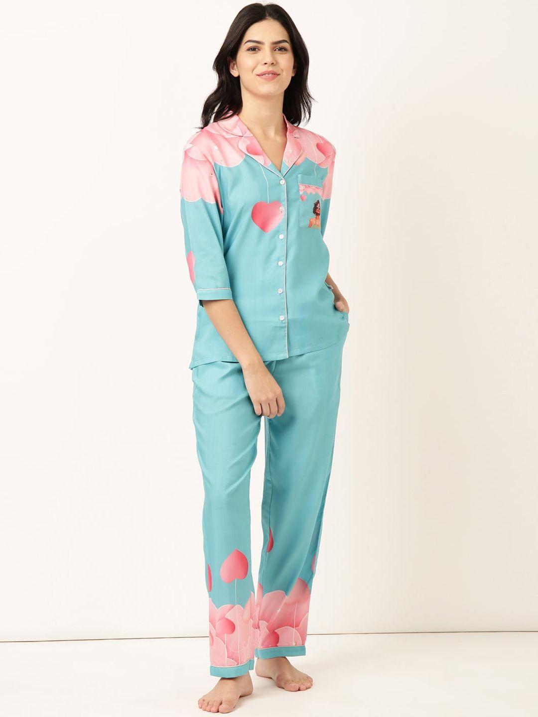 bannos swagger blue & pink graphic printed shirt with pyjama