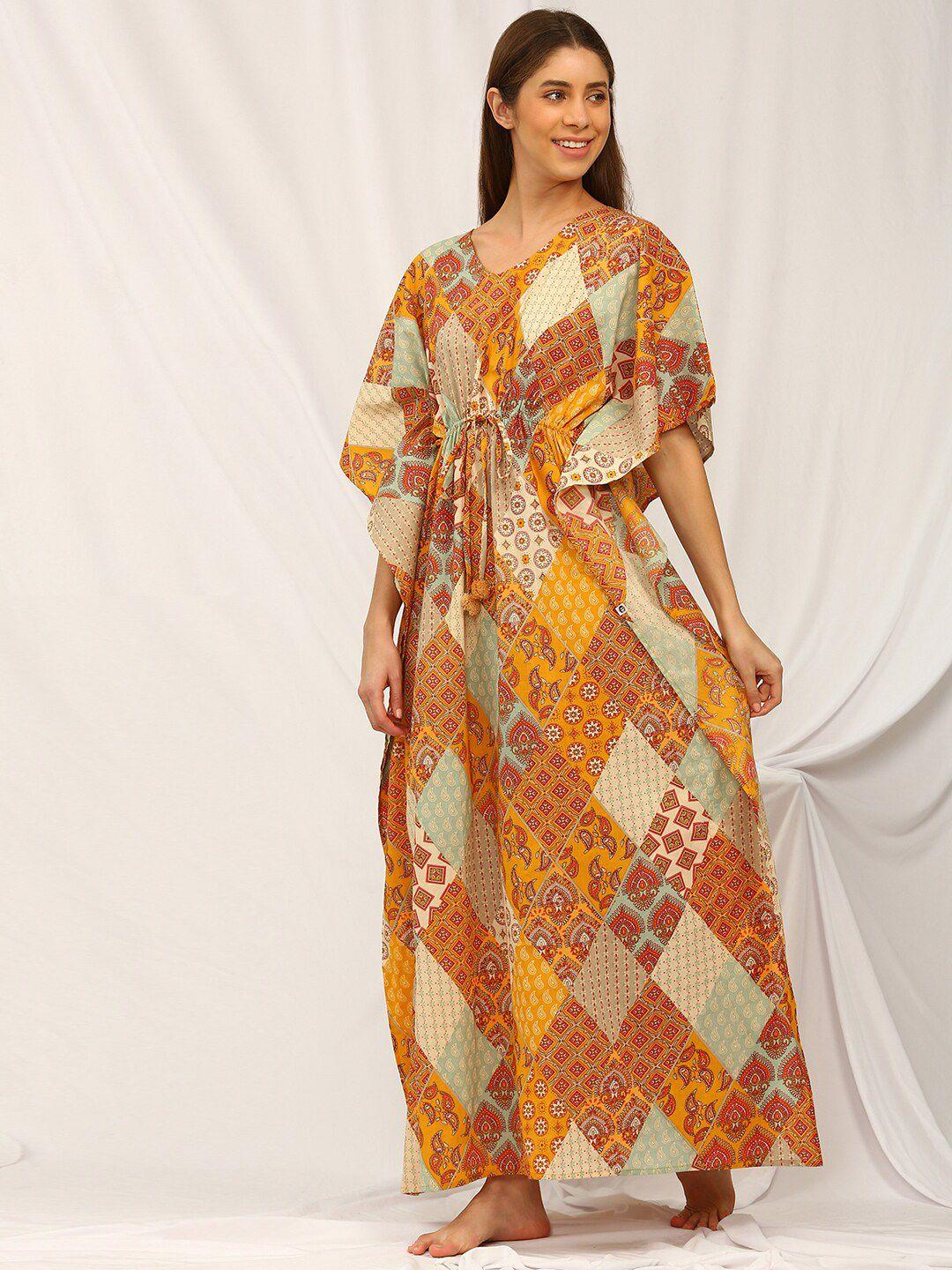 bannos swagger ethnic motifs printed pure cotton kaftan maxi nightdress
