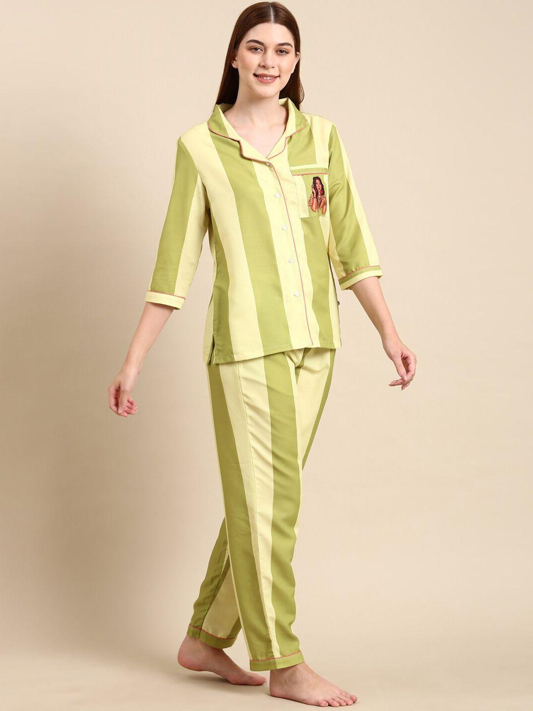 bannos swagger green & beige striped night suit