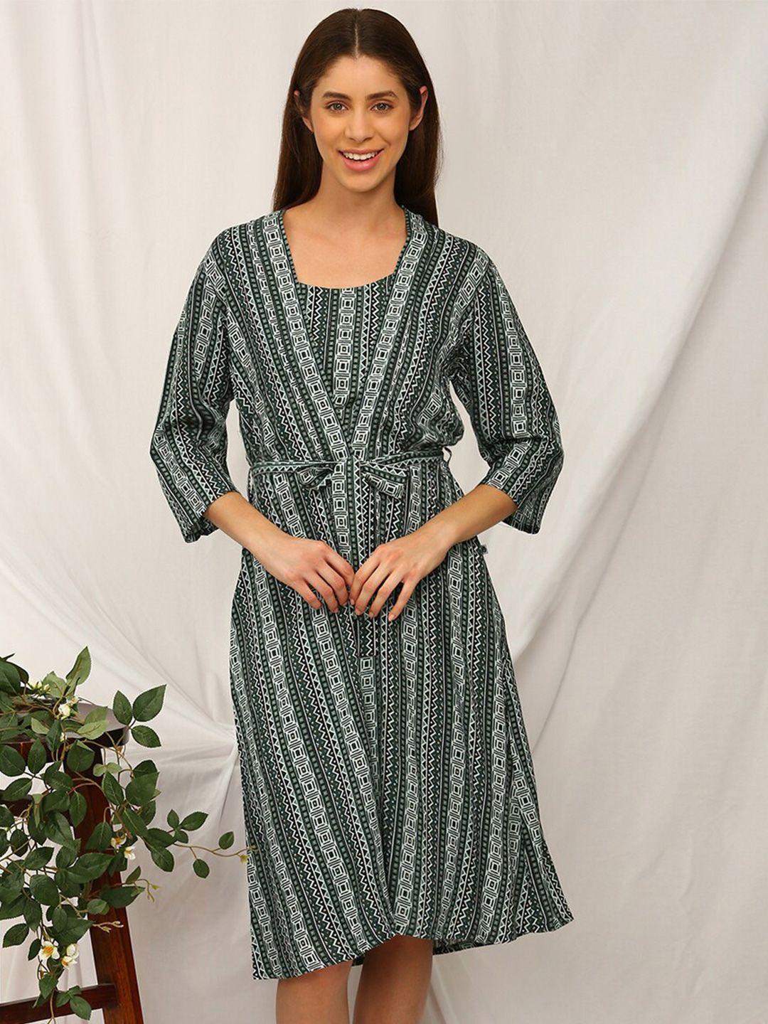 bannos swagger green ethnic motifs printed nightdress with robe