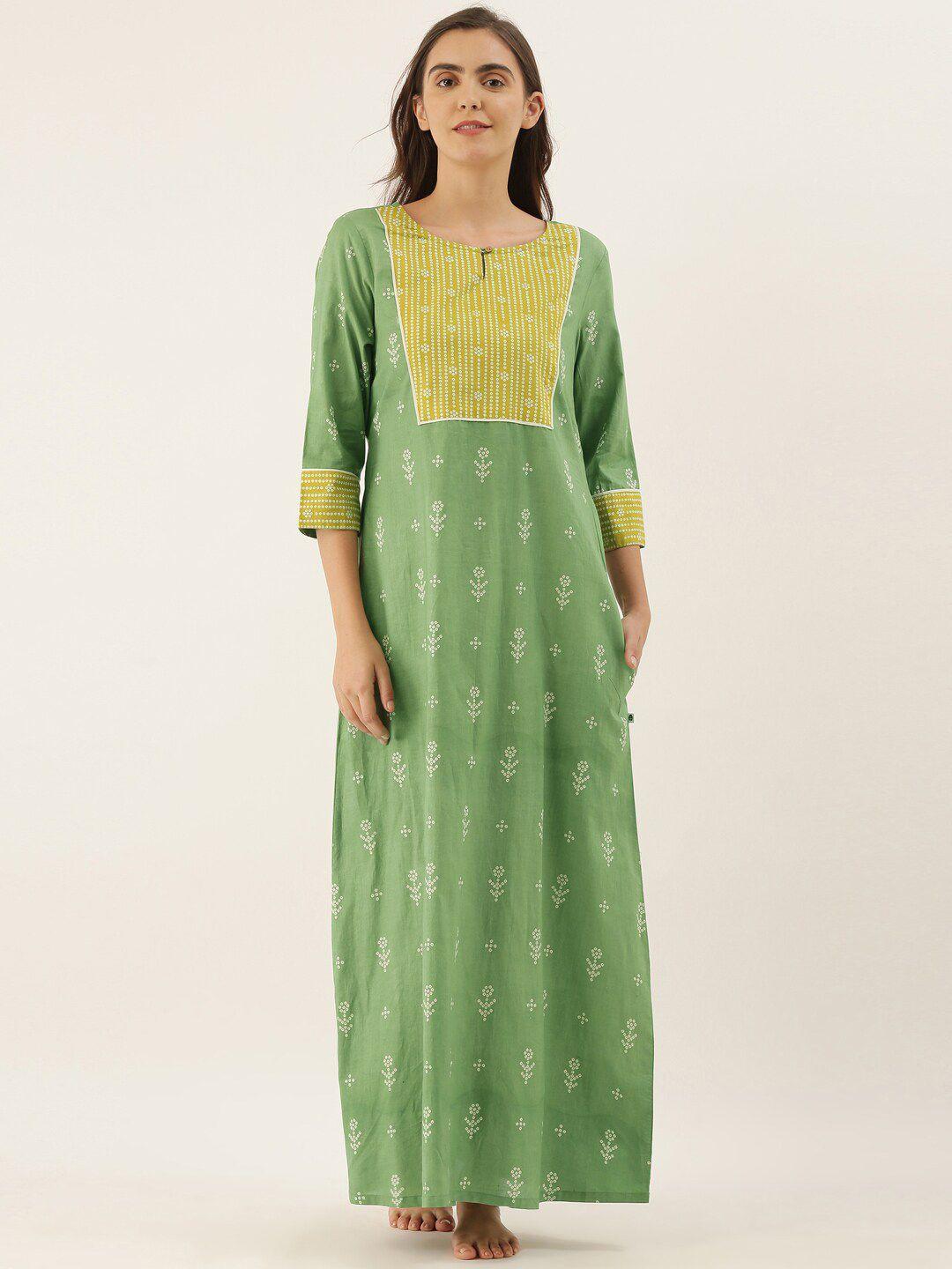 bannos swagger green printed maxi cotton nightdress