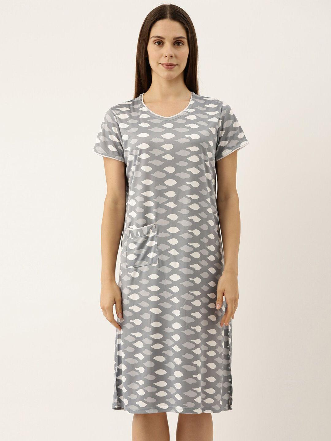 bannos swagger grey & white printed pure cotton nightdress