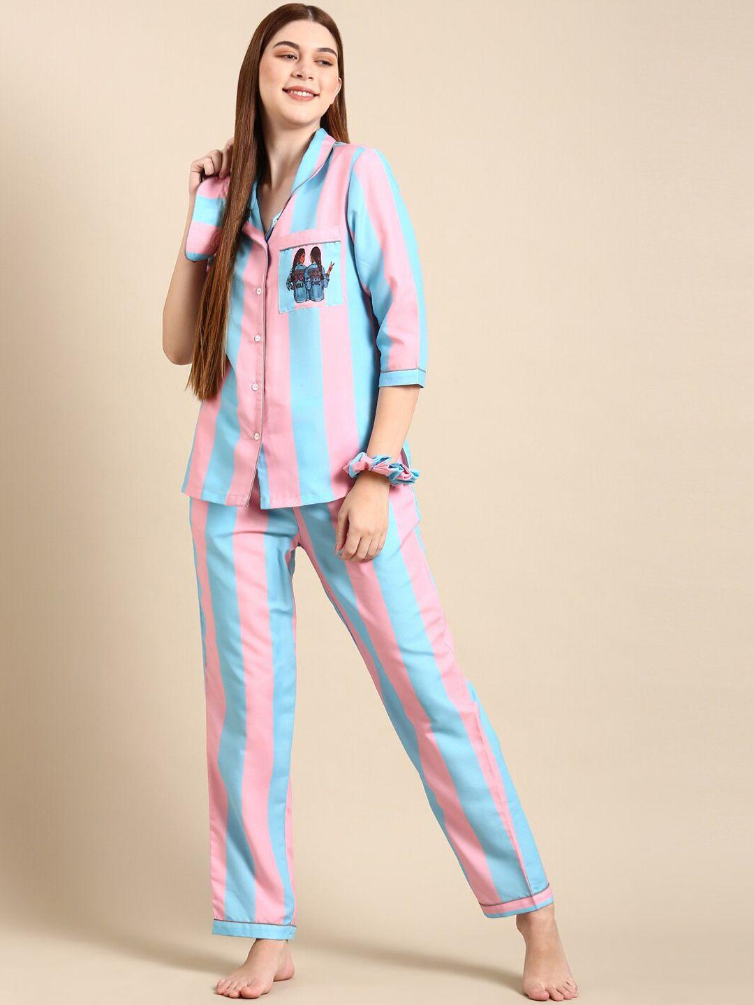 bannos swagger pink & blue striped night suit