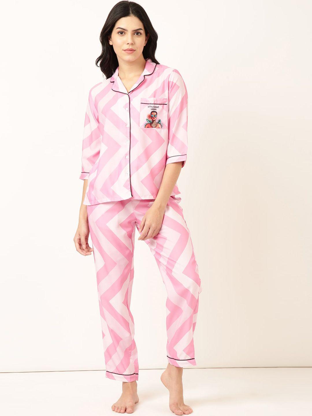 bannos swagger pink chevron printed lapel collar night suit