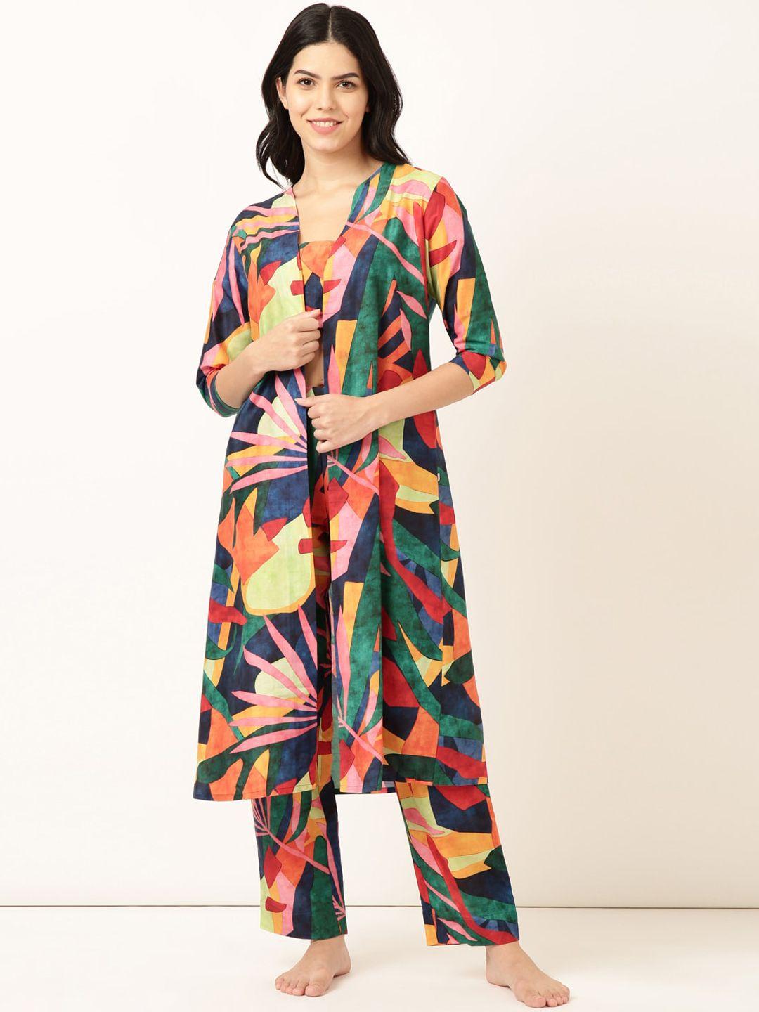 bannos swagger printed crop top & shawl neck shrug with trousers