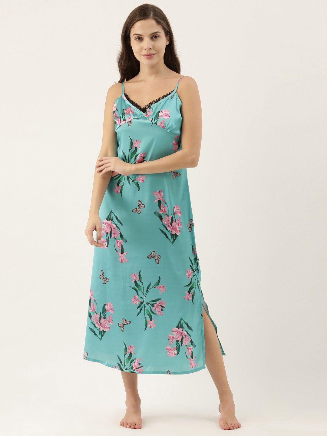 bannos swagger teal blue printed satin nightdress