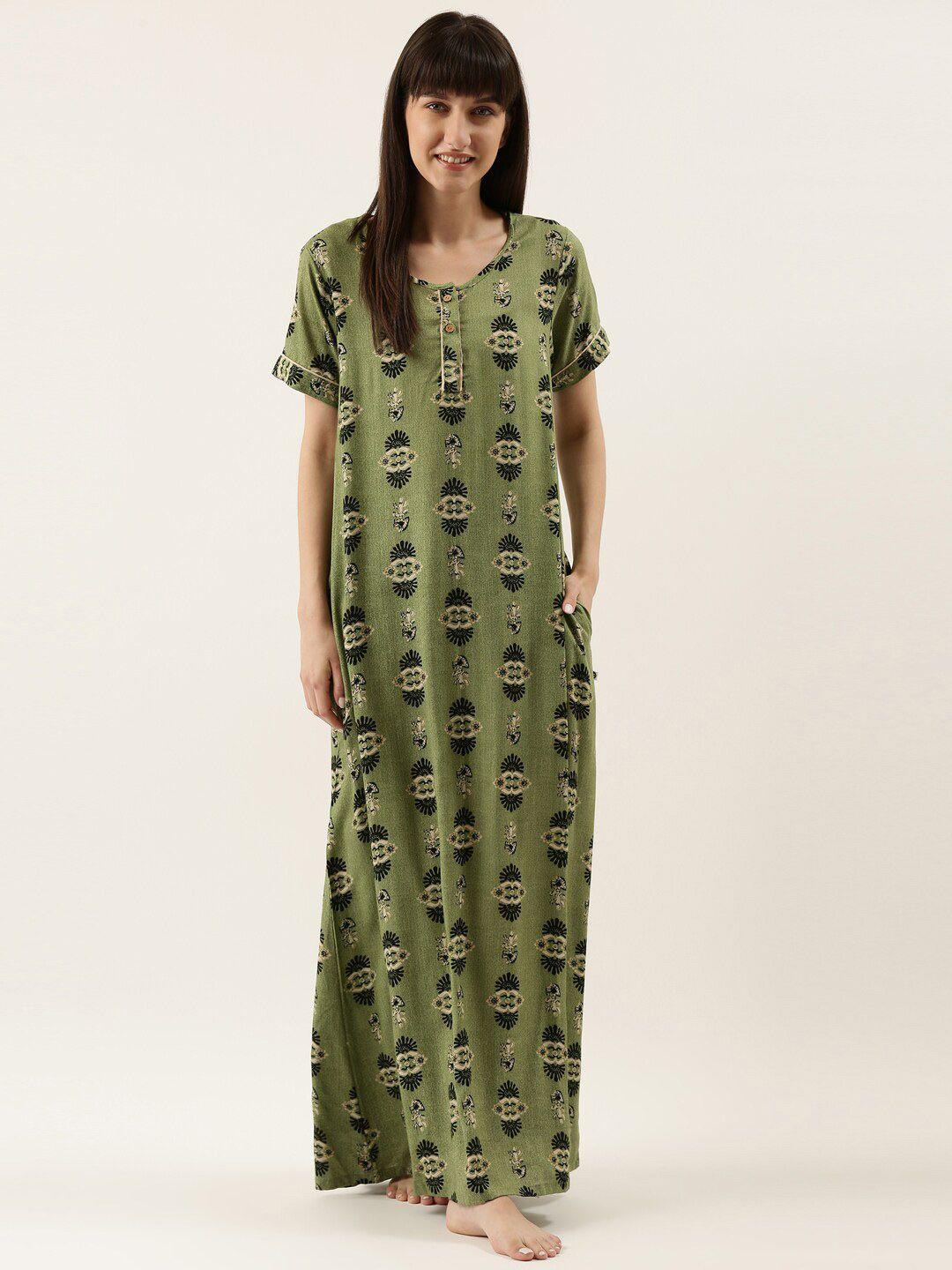 bannos swagger women  green printed maxi nightdress