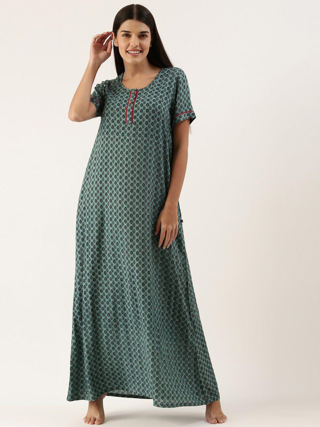 bannos swagger women  green printed maxi nightdress