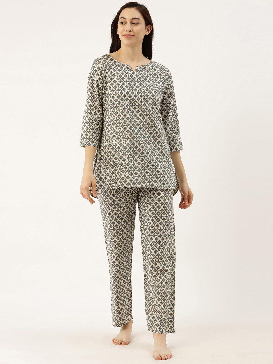 bannos swagger women beige & grey printed night suit