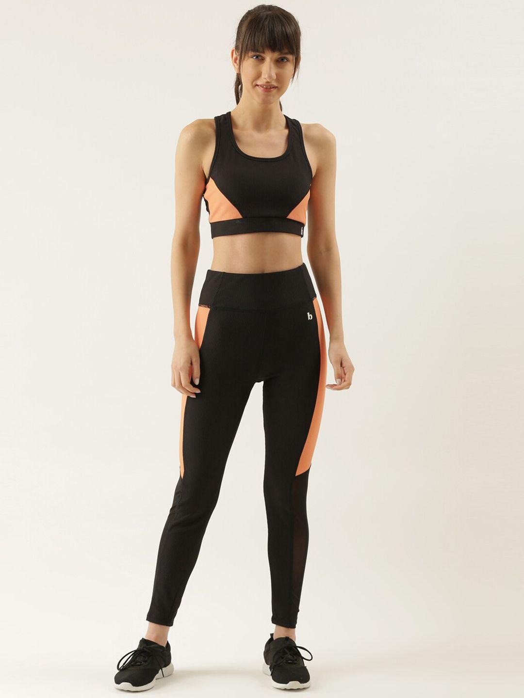 bannos swagger women black & peach colourblocked sport bra & tights