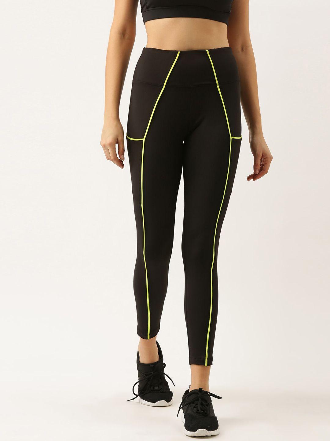 bannos swagger women black solid ankle-length neon green piping tights