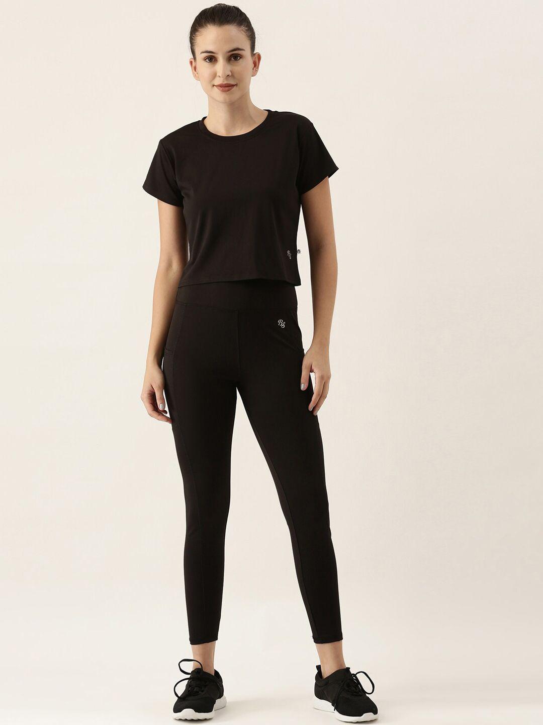 bannos swagger women black solid t-shirt & tight set