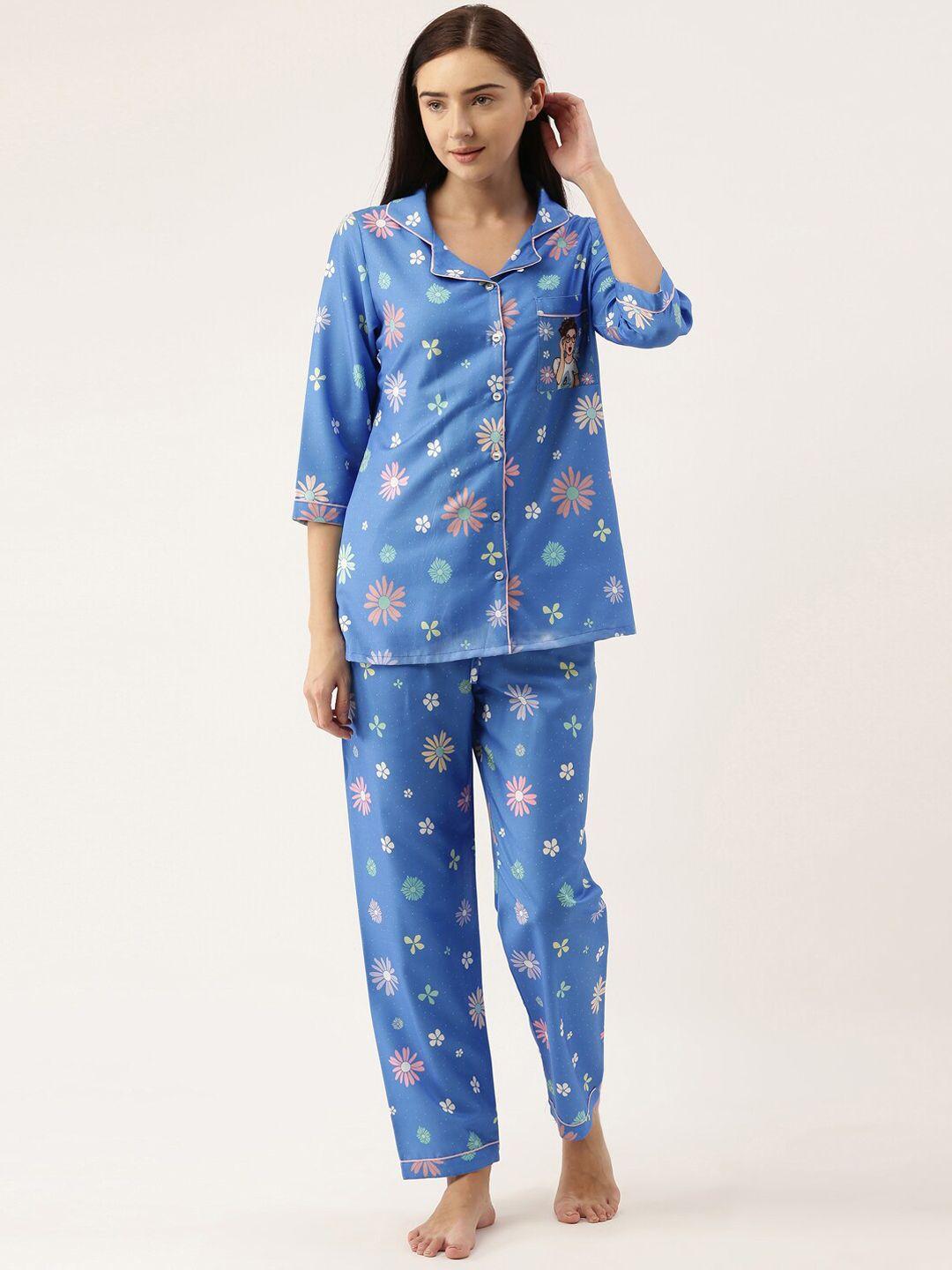 bannos swagger women blue & pink printed night suit