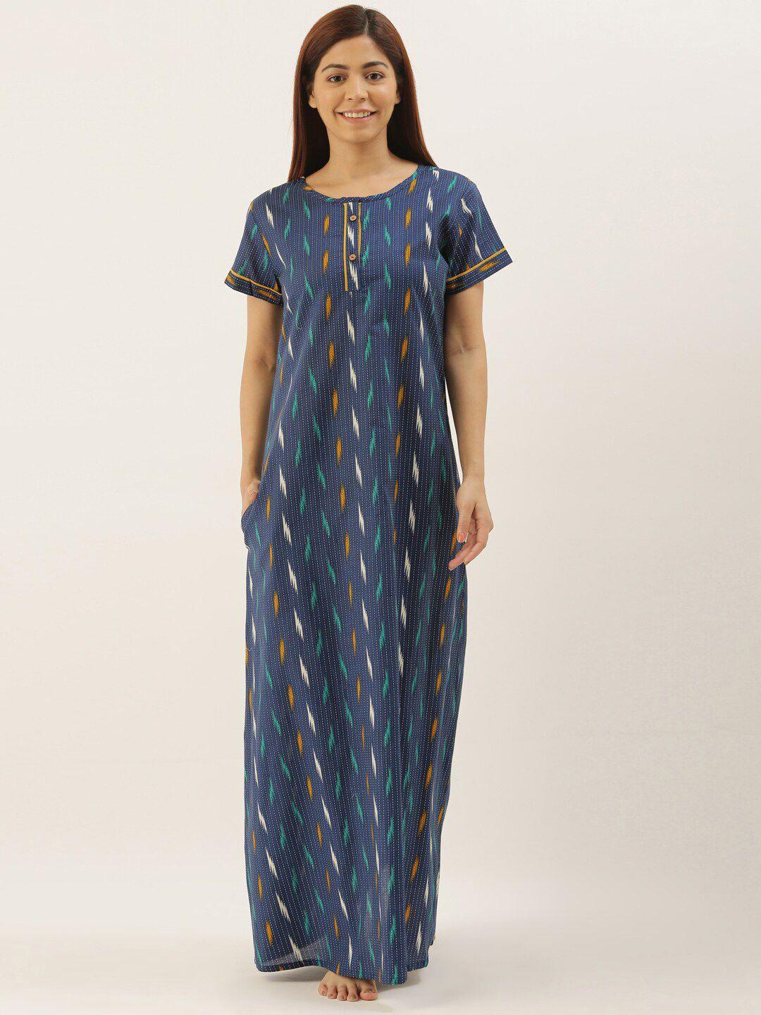 bannos swagger women blue & white ikat printed pure cotton nightdress