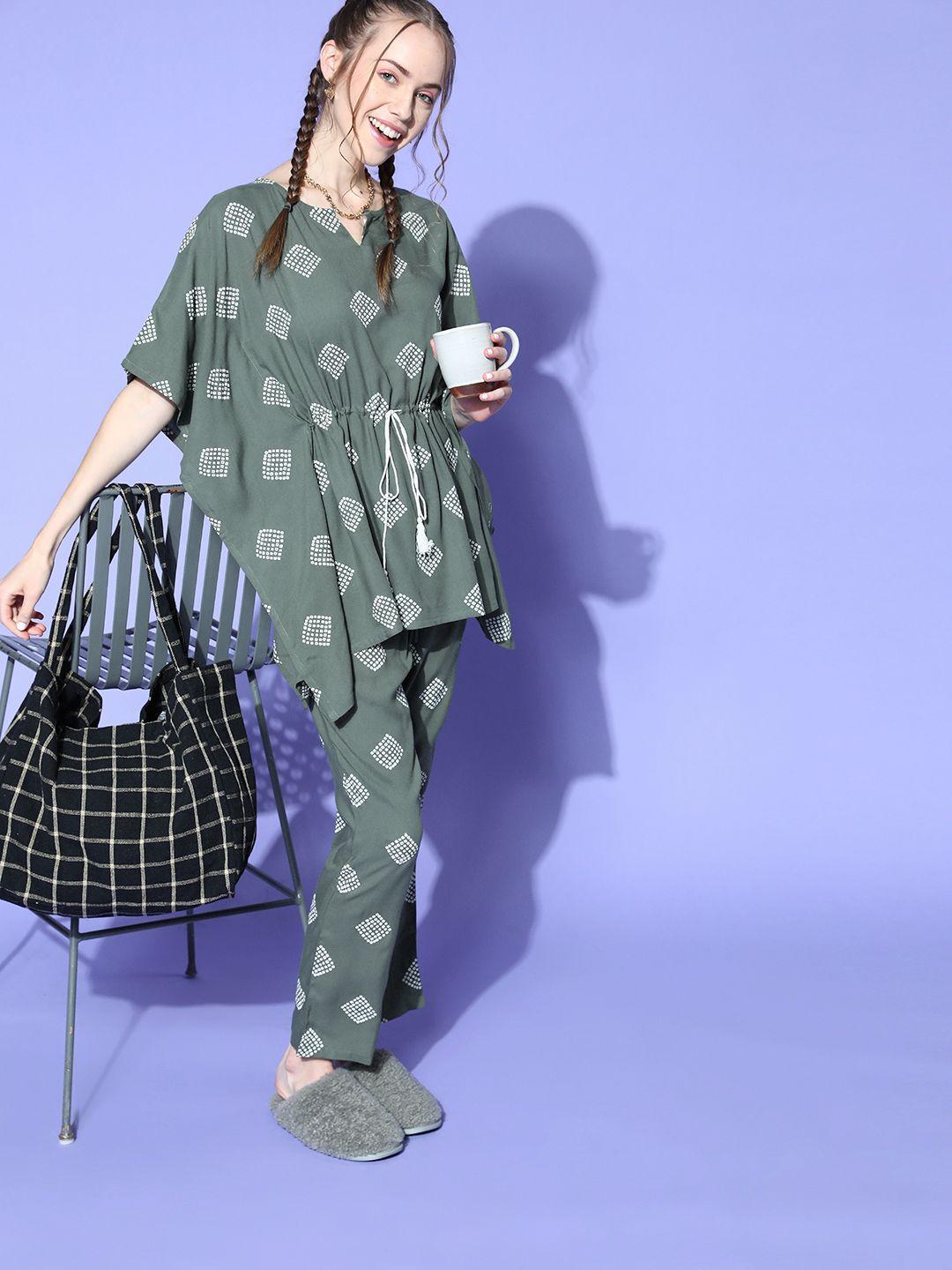 bannos swagger women green geometric indie fusion lounge set