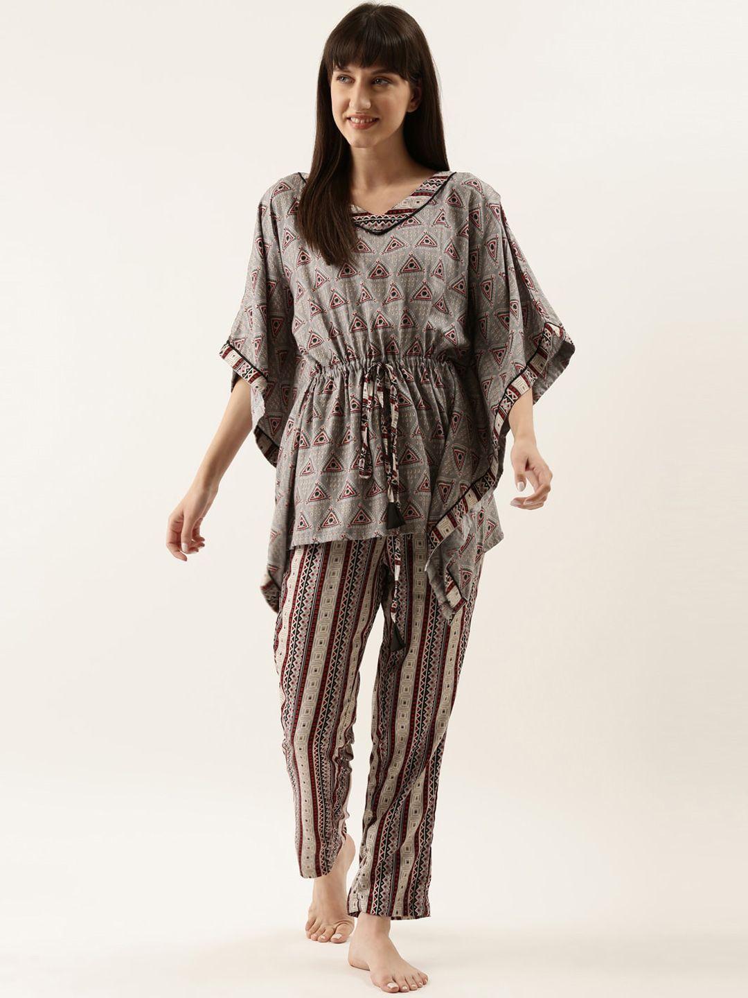 bannos swagger women grey & brown printed kaftan night suit