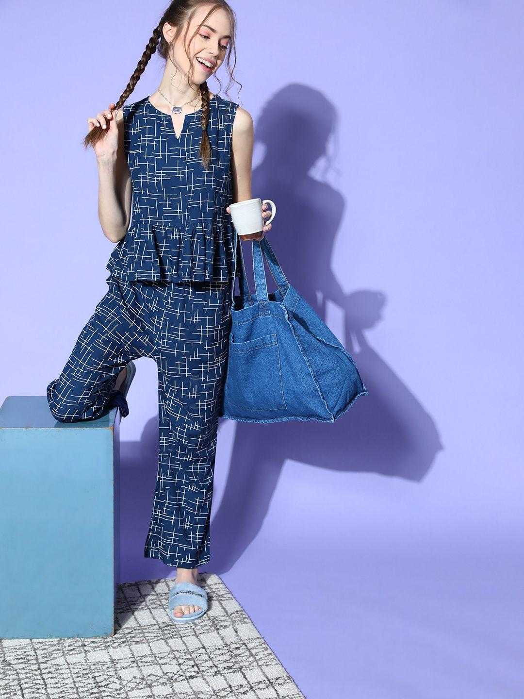 bannos swagger women navy blue geometric indie fusion lounge set