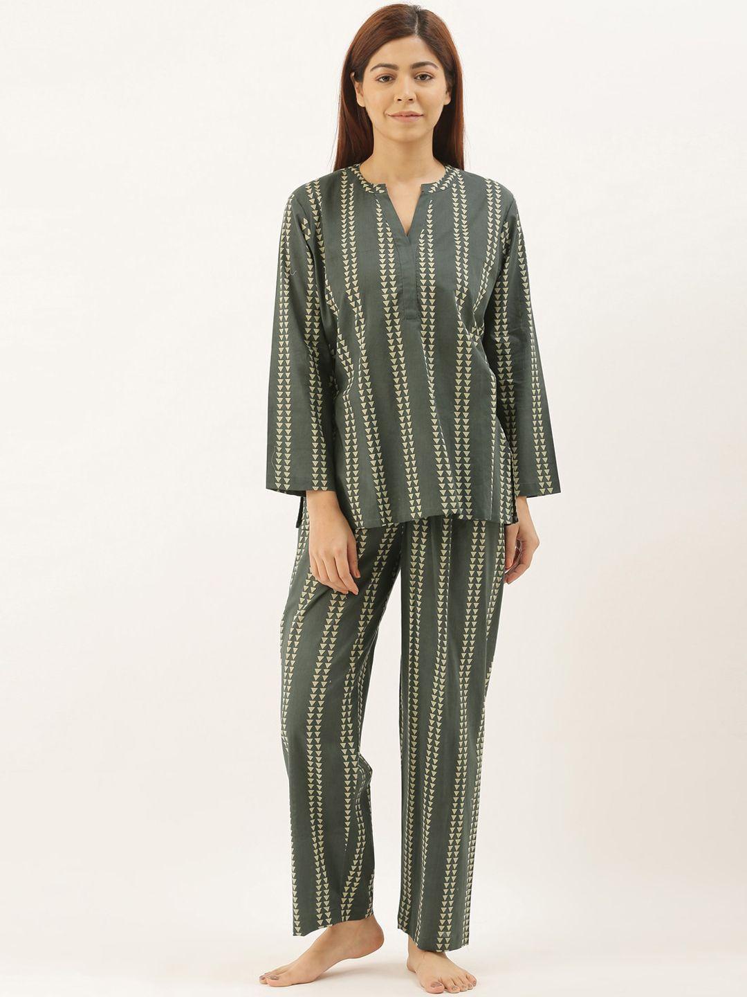 bannos swagger women olive green & cream-coloured printed night suit