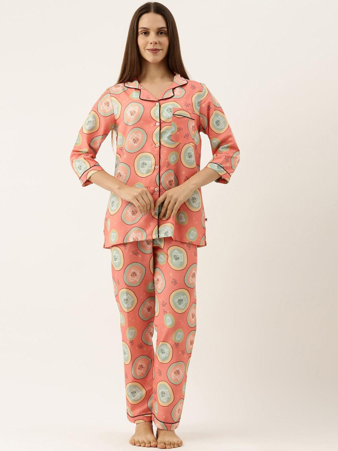 bannos swagger women pink & turquoise blue printed night suit