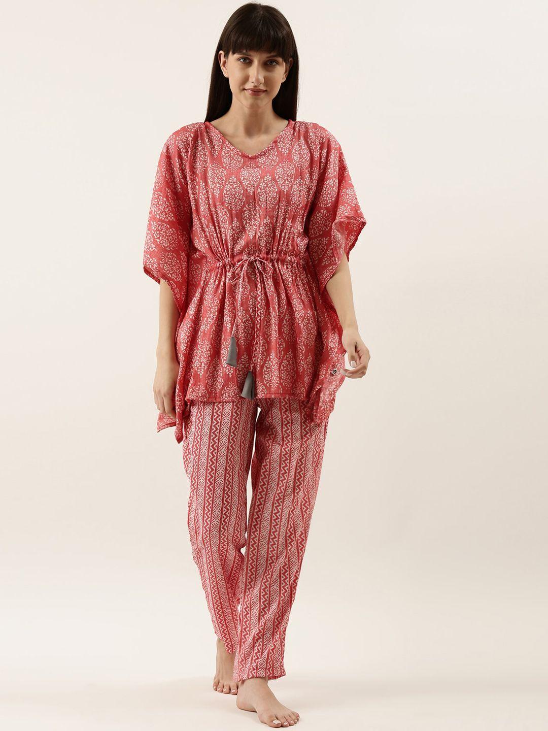 bannos swagger women pink & white printed kaftan night suit