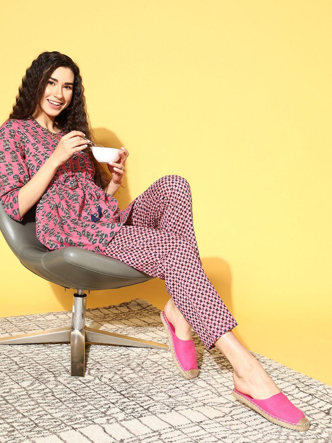 bannos swagger women pink & white pure cotton printed kaftan pyjamas set